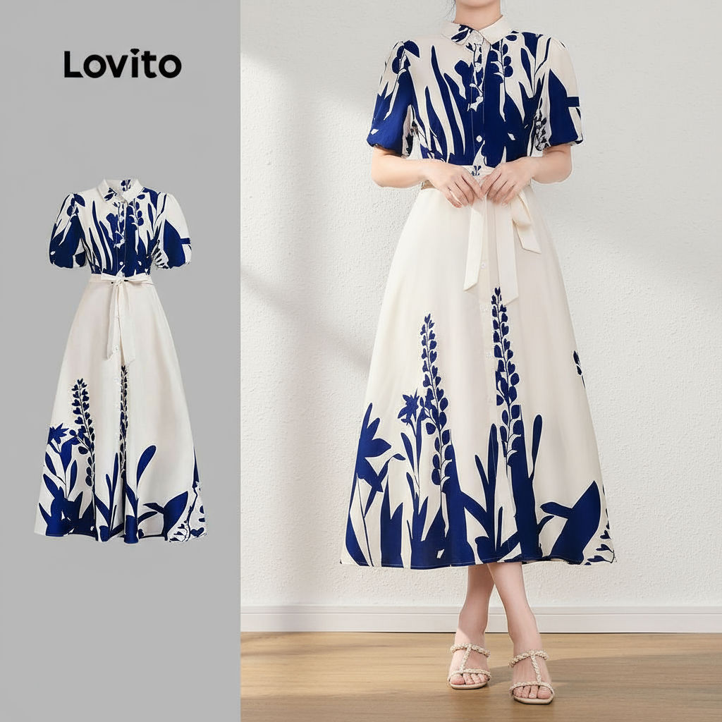 Lovito Vestido Feminino Casual Azul Com Estampa Floral e Amarração Frontal para Primavera/Verão LBL24520 em Oferta na Shopee
