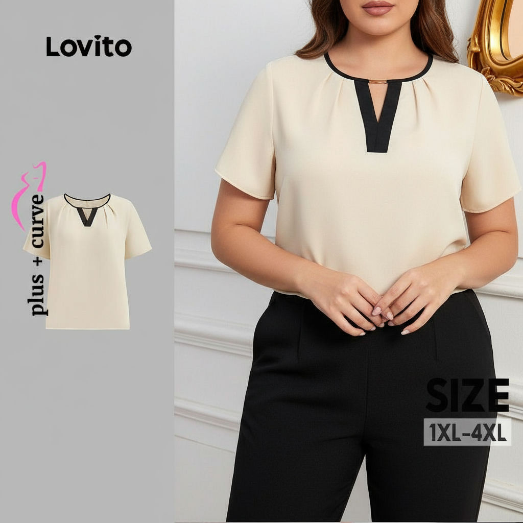 Lovito Blusa Feminina Plus Size Curve Elegante Lisa Colorblock para Verão e Primavera LBL24306 em Oferta na Shopee