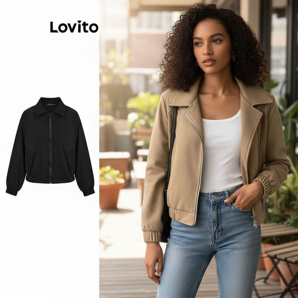 Lovito Jaqueta Feminina Casual com Zíper Liso Cor Marrom LNE30129 em Oferta na Shopee