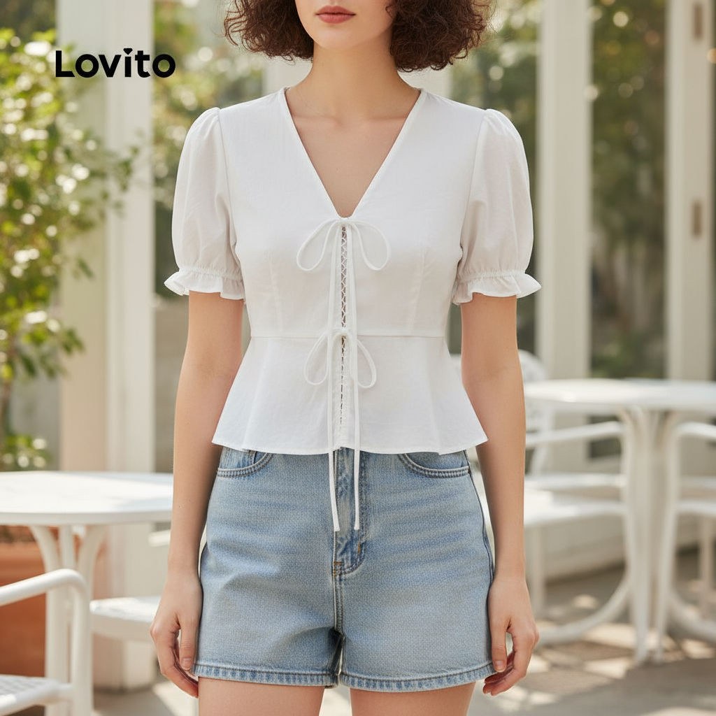 Lovito Blusa Feminina Casual Lisa com Cadarço para Verão, Modelo L123ED063 em Oferta na Shopee