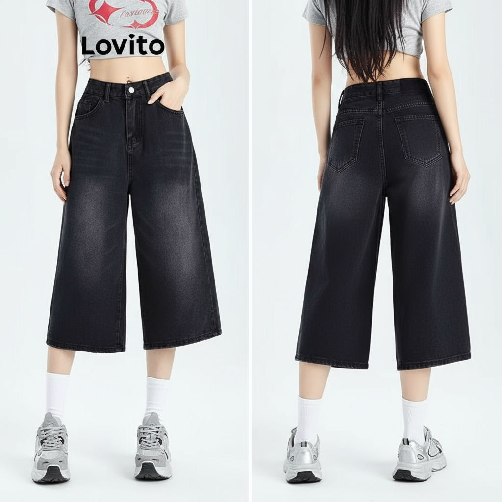 (Trendy2) Lovito Jeans Casuais Jeans Lisos Lavados Para Mulheres LNA74146 em Oferta na Shopee