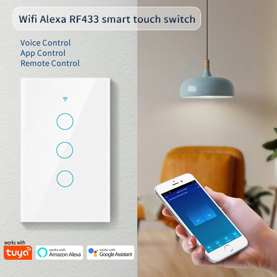 AXUS US Interruptor de Parede Inteligente RF433 WiFi 1/2/3 Gang Sem Neutro, Sensor de Toque, LED Funciona Com Tuya APP