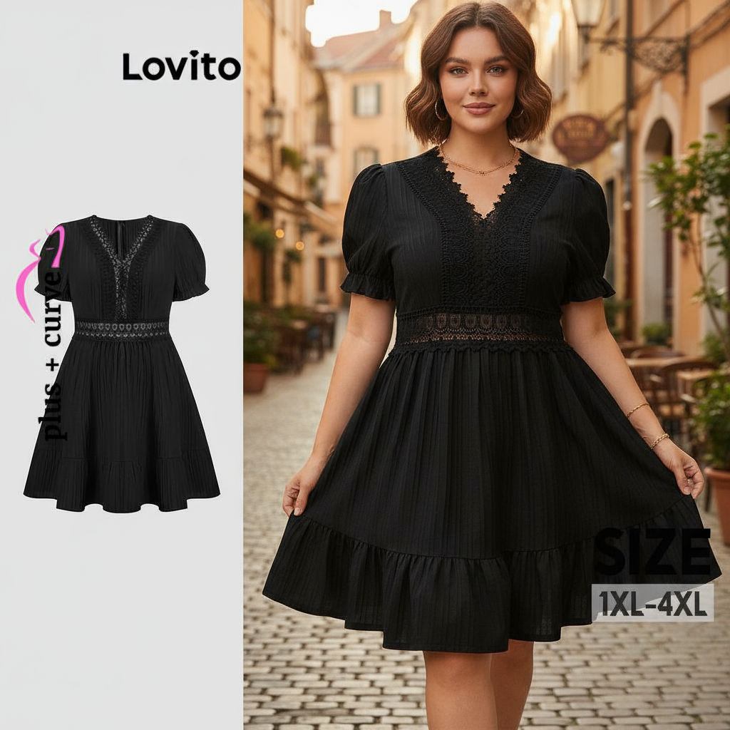 Lovito Vestido Curvo Plus Size Feminino Elegante de Renda Lisa LBL19816 em Oferta na Shopee