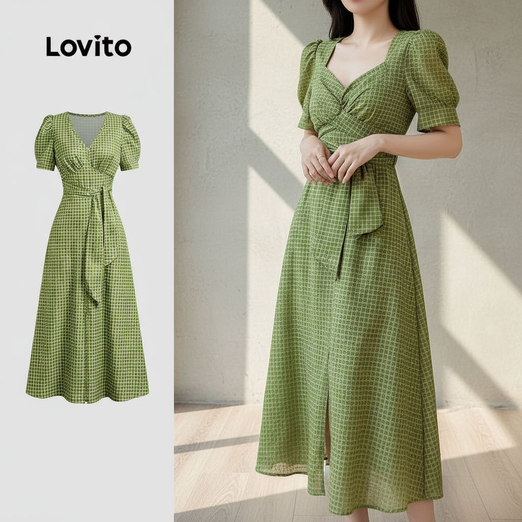Lovito Vestido Feminino Casual com Amarração Frontal e Fenda Primavera/Verão em Verde L134ED558 em Oferta na Shopee