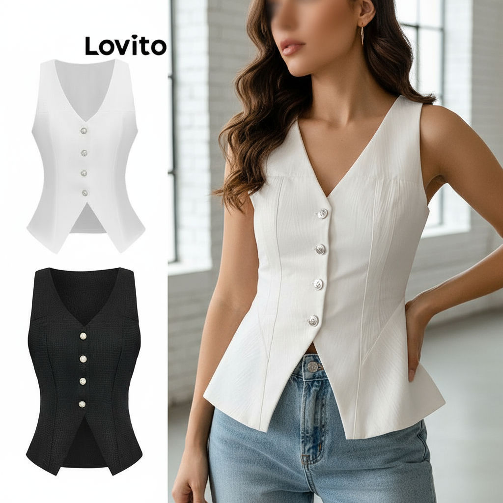 Lovito Regata Casual Com Pérolas Lisas E Botões Para Mulheres L67AD039\2