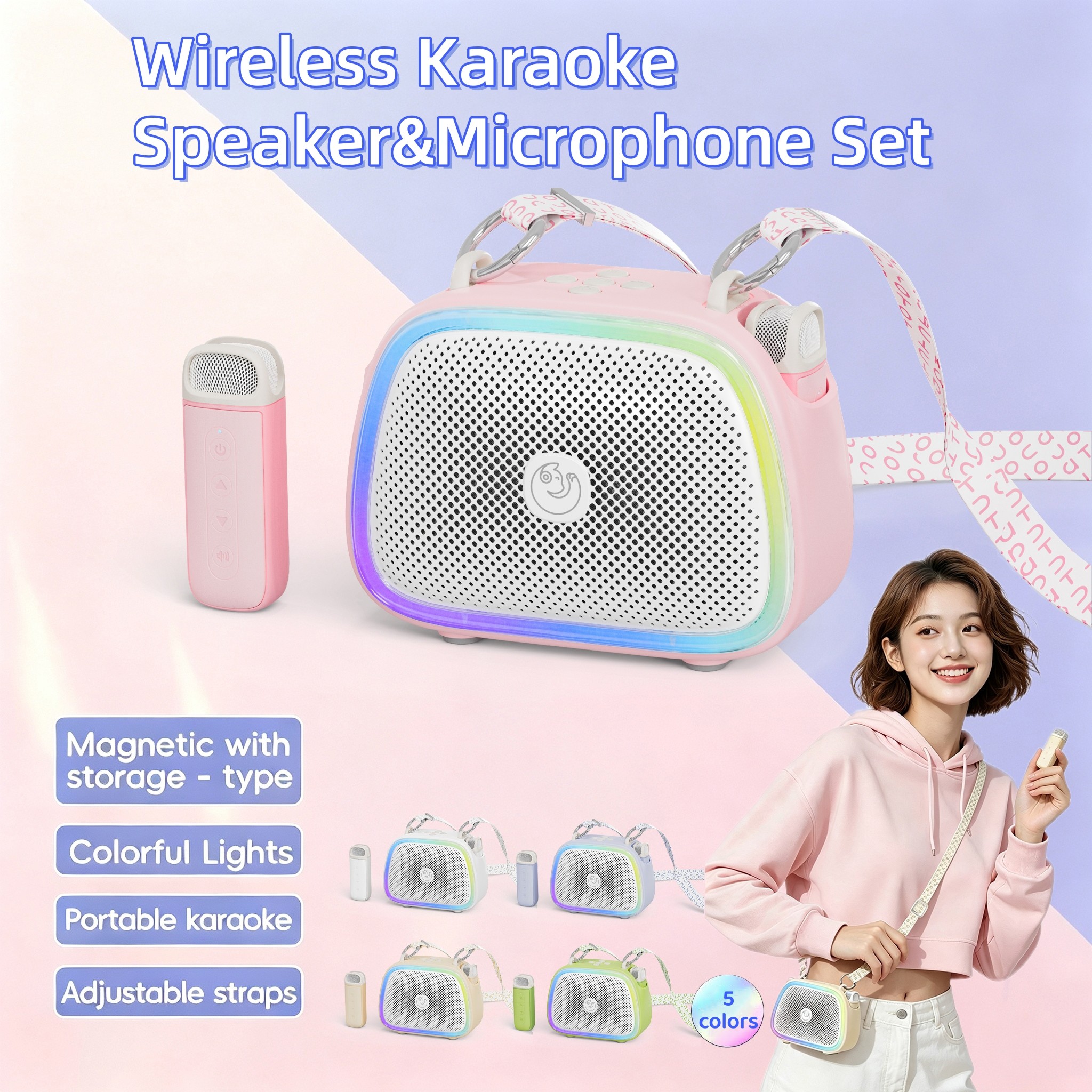 Mini Máquina de Karaokê, Caixa de Som Bluetooth Portátil com 2 Microfones Sem Fio, Máquina de Cantar com Luzes para