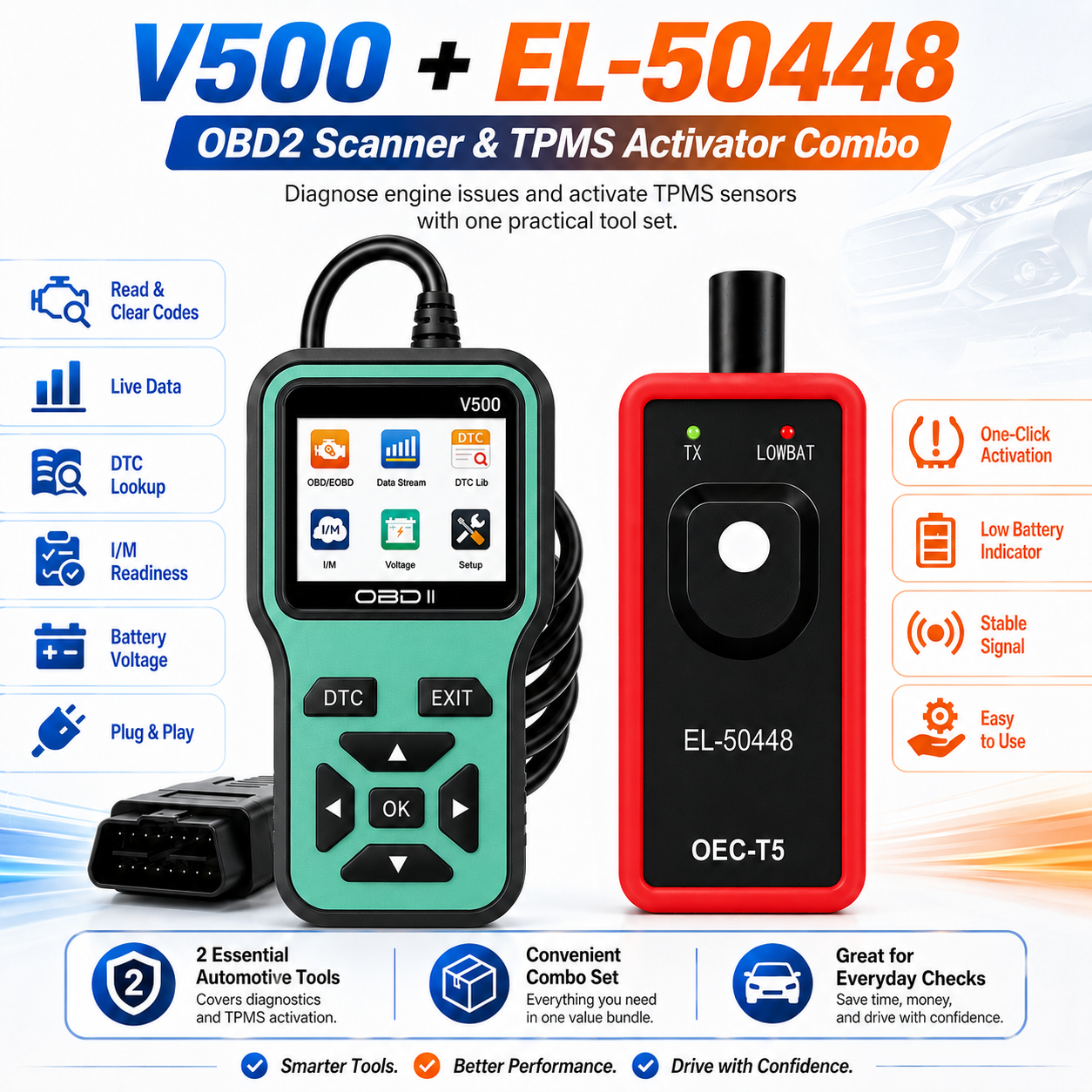 V500 Obd2 Scanner Tpms Kit De Ferramentas De Redefinição 2 Peças , Leitor De Código De Falha De Carro E Diagnóstico De D
