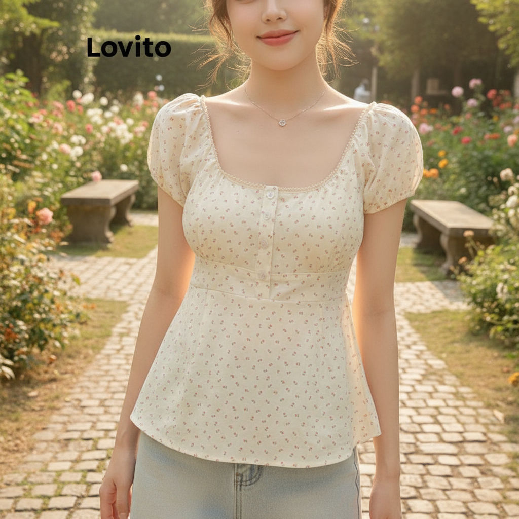 Lovito Blusa Casual Ditsy Floral Button Flowers Blusa Para Mulheres LNM65156\3 em Oferta na Shopee