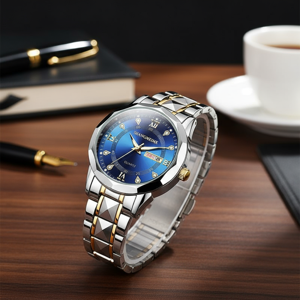 Relógio de Quartzo Legacy Masculino com Estojo de Aço Asteróide, Cristal de Safira Gravado com DNA, Calendário Cósmico