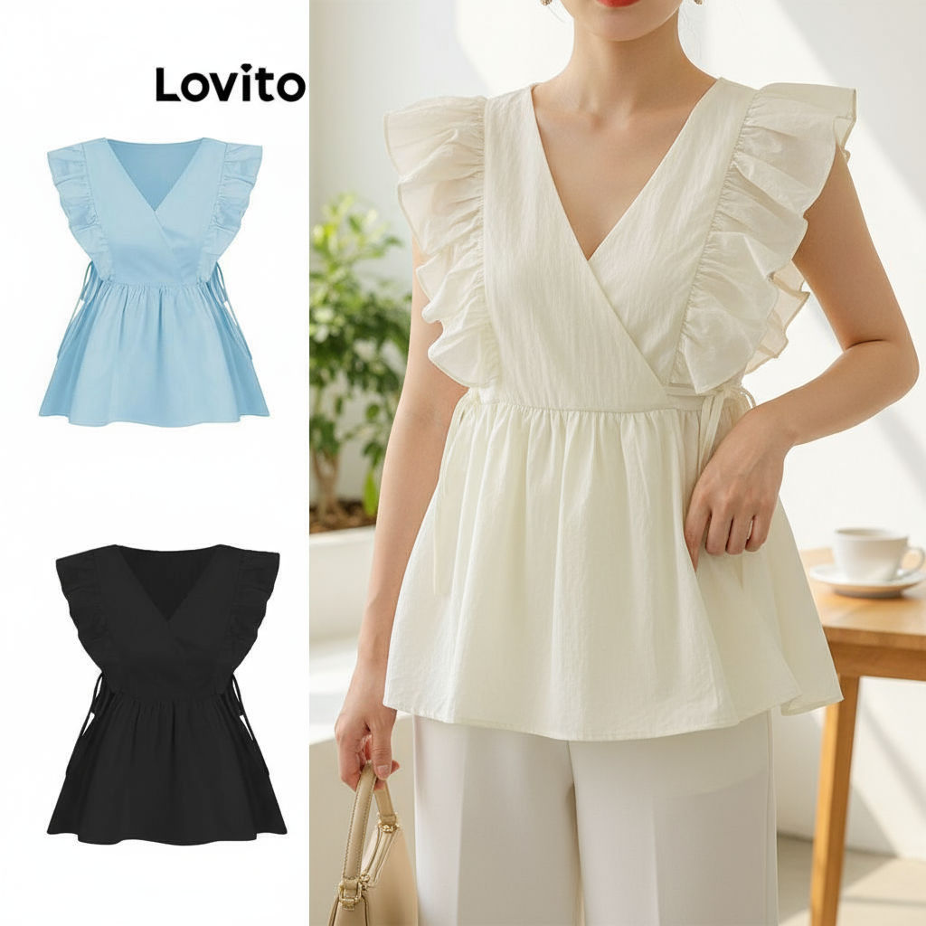 (Trendy2) Lovito Blusa Casual Lisa Com Cadarço E Acabamento Em Alface Para Mulheres L68ED004 (Multicolorido) em Oferta na Shopee