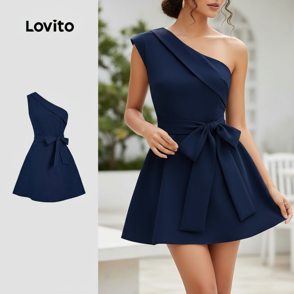 Lovito Vestido Casual com Zíper Assimétrico Azul Marinho para Mulheres, Primavera/Verão L143ED638 em Oferta na Shopee