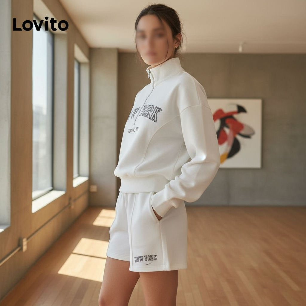 Lovito Calças ou tops femininas casuais com estampa de letras e bolso com zíper LBL11125 em Oferta na Shopee