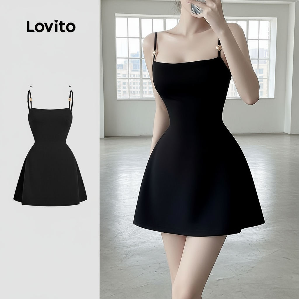 Lovito Vestido Feminino Casual Preto Retro com Fivela de Metal e Alça Ajustável para Primavera Verão L134ED1004 em Oferta na Shopee