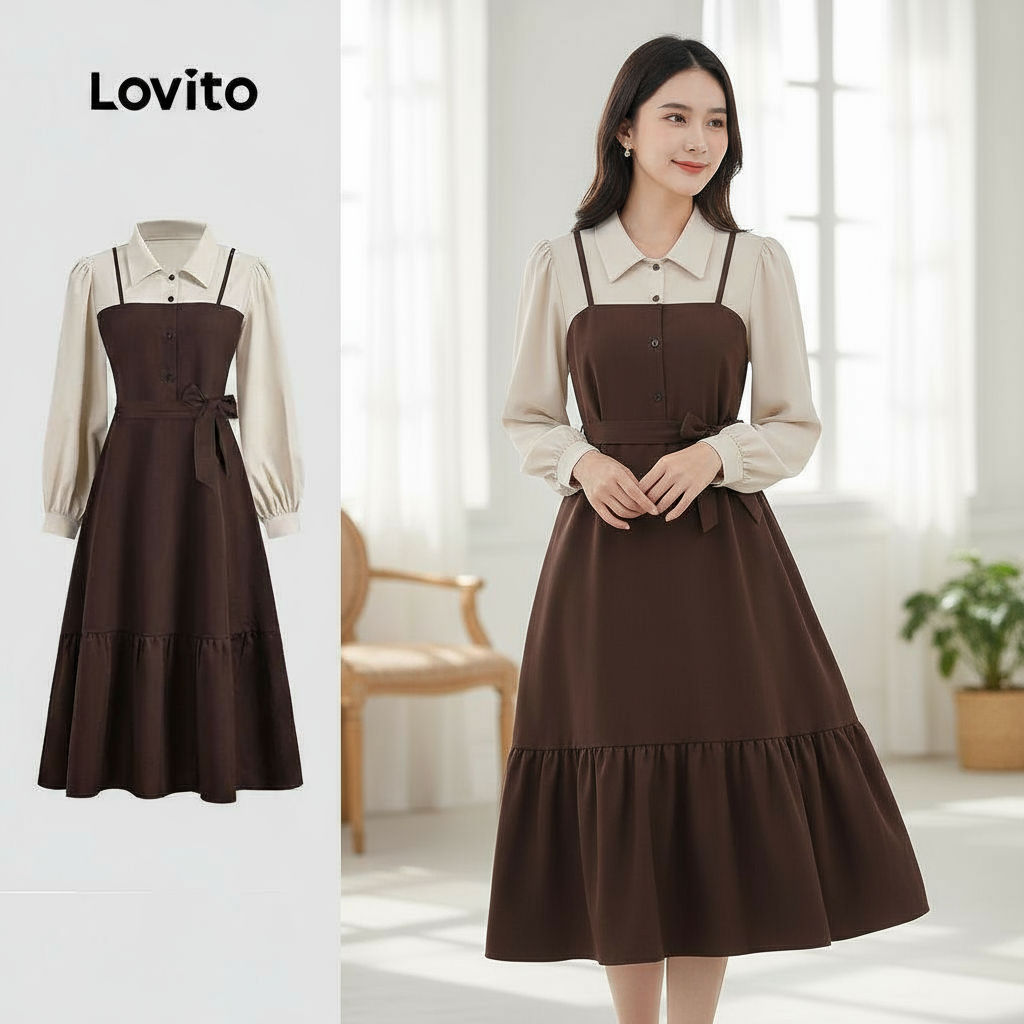 Lovito Vestido Feminino Casual com Botão Frontal e Costura em Tecido Liso para Outono Inverno LBL24599 em Oferta na Shopee