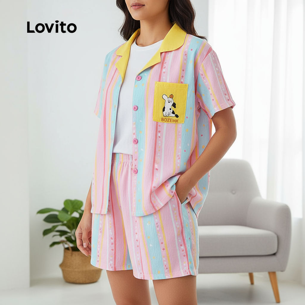 Lovito Conjunto De Pijama Fofo Com Blocos De Cores Para Primavera/Verão Para Mulheres Lna107X025\2 em Oferta na Shopee