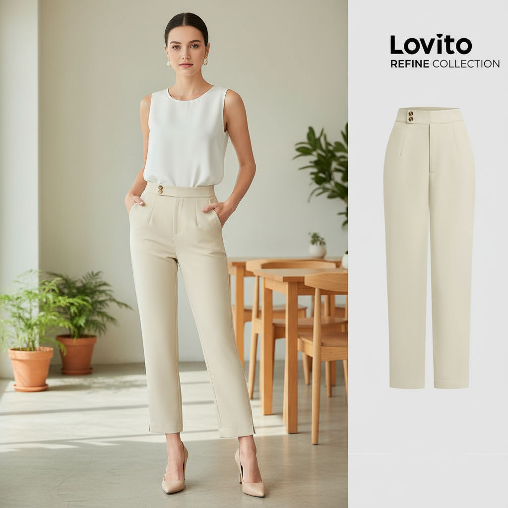 Lovito Calças Femininas Refinadas e Elegantes com Botões e Fenda em Damasco para Todas as Estações LR11ED029