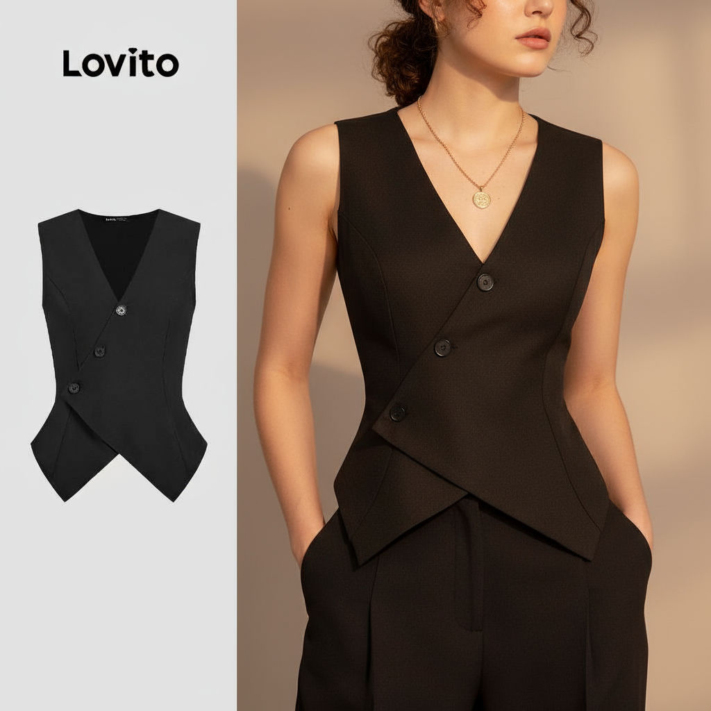 Lovito Blusa Casual Assimétrica Lisa com Botão para Verão e Primavera Feminina Preta L135AD537\4