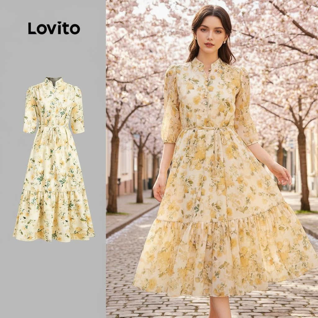 Lovito Vestido Feminino Elegante com Botões Primavera/Verão Amarelo - L154LD308 em Oferta na Shopee