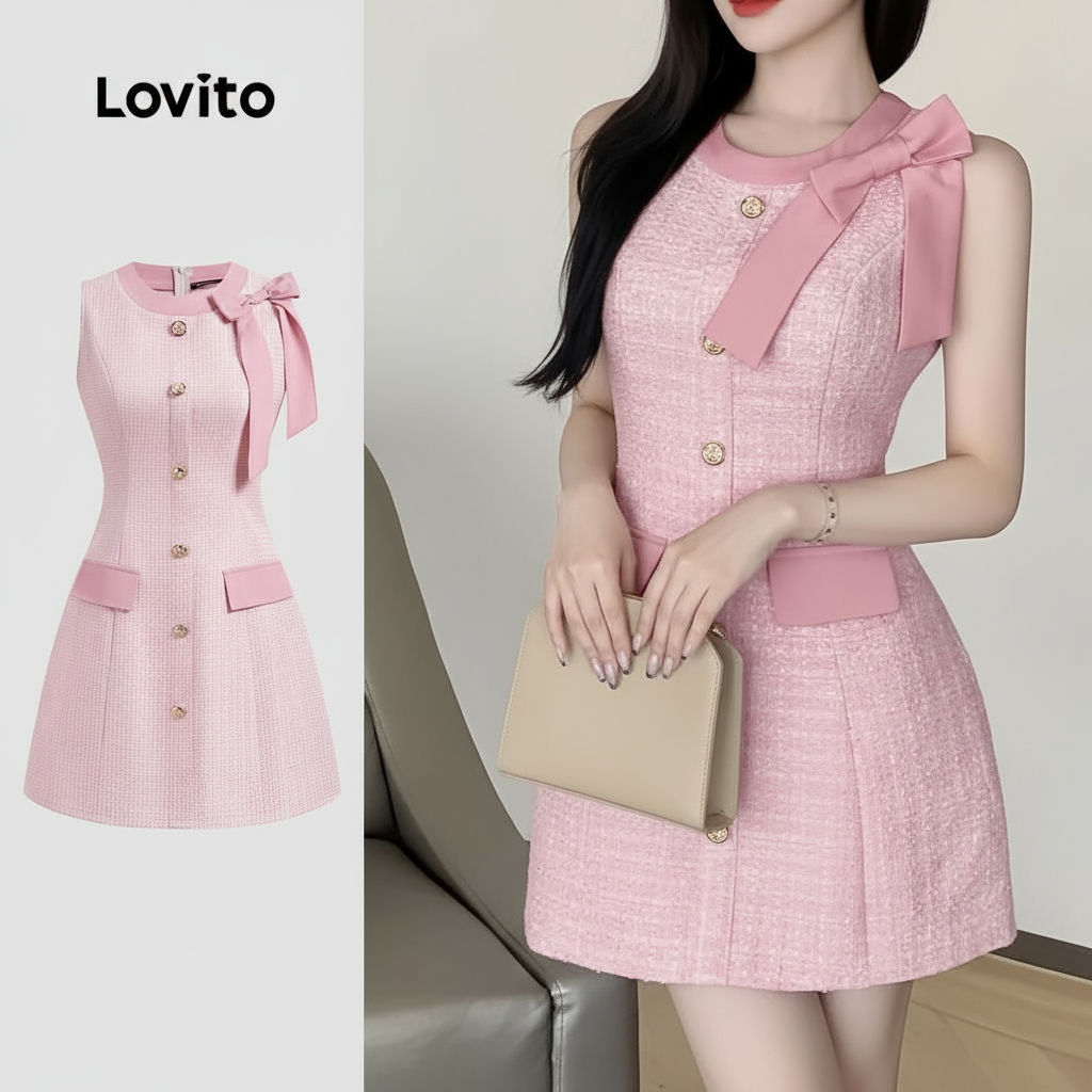 Lovito Vestido Feminino Elegante Colorblock Com Botão Frontal E Laço L132ED695
