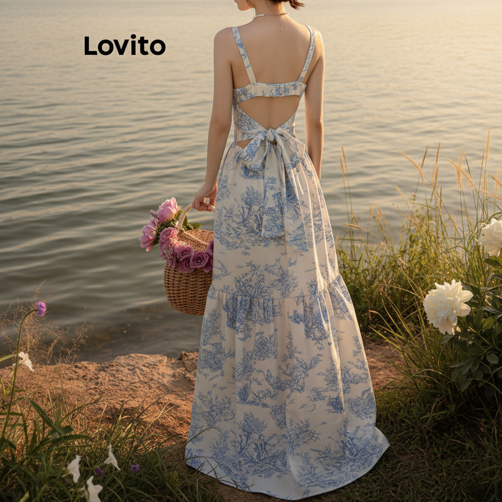 Lovito Refine Vestido Feminino Com Detalhes Florais Laço Nas Costas Cadarço LNE67273\5 em Oferta na Shopee