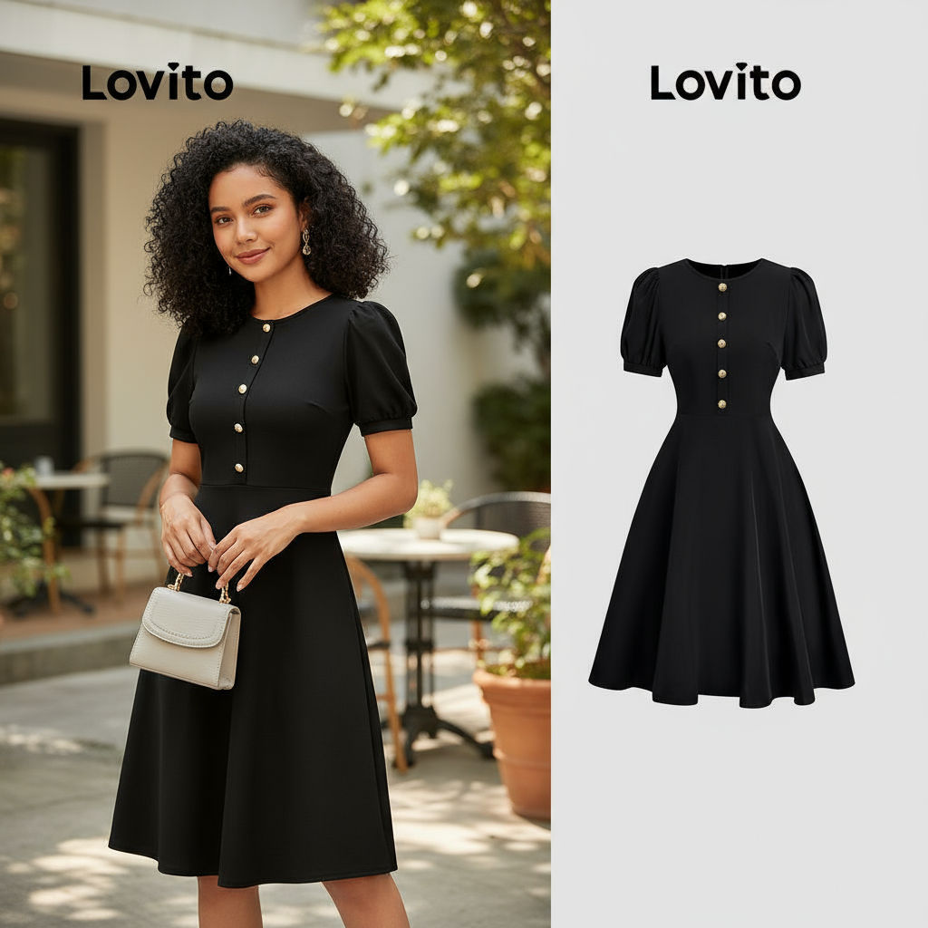 Lovito Vestido Feminino Elegante de Primavera/Verão com Botões em Preto L155AD1723