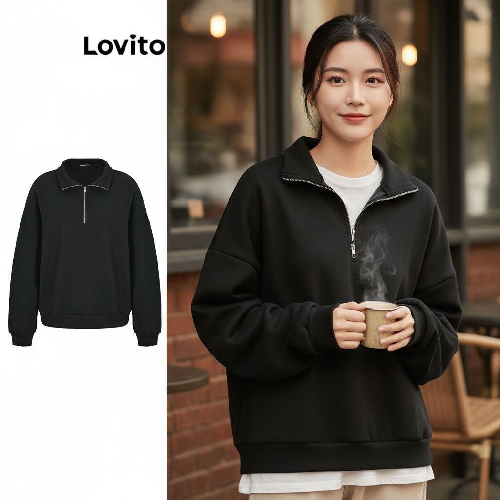 Lovito Moletom Feminino Casual Zíper Liso L99ED130 em Oferta na Shopee