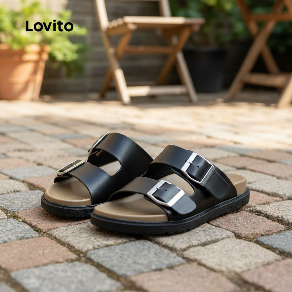 Lovito Sandálias Femininas Birkenstocks Com Fivela de Metal Chinelos Lisos Confortáveis e Casuais LFA82140 em Oferta na Shopee