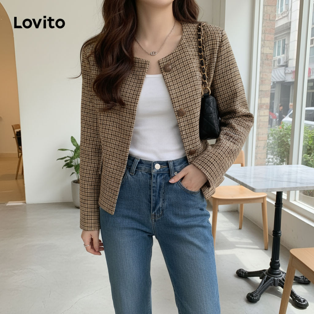 Lovito Refine Blazer Frontal Casual Liso Botões Feminino LNA40091\6 em Oferta na Shopee