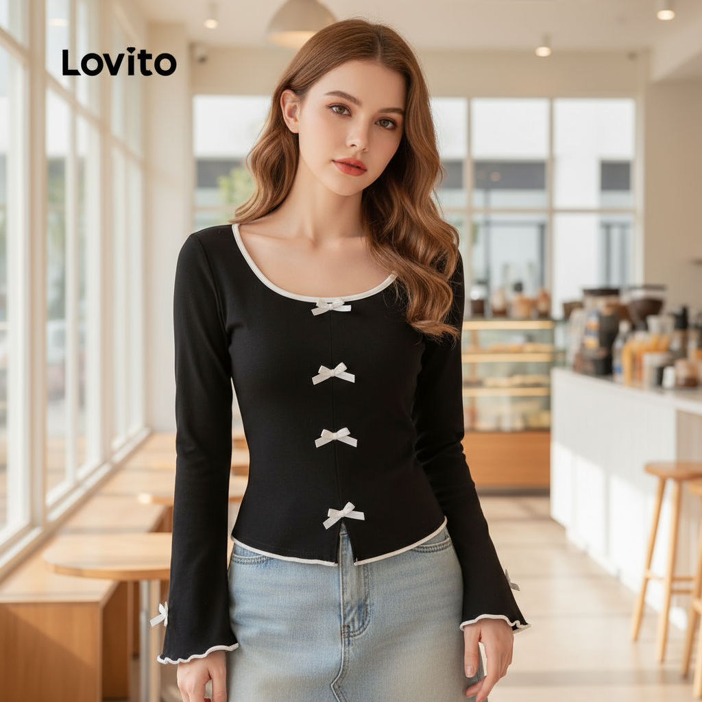 Lovito Camisa Casual com Laço Inverno/outono Camiseta Preta para Mulheres L156AD084\3