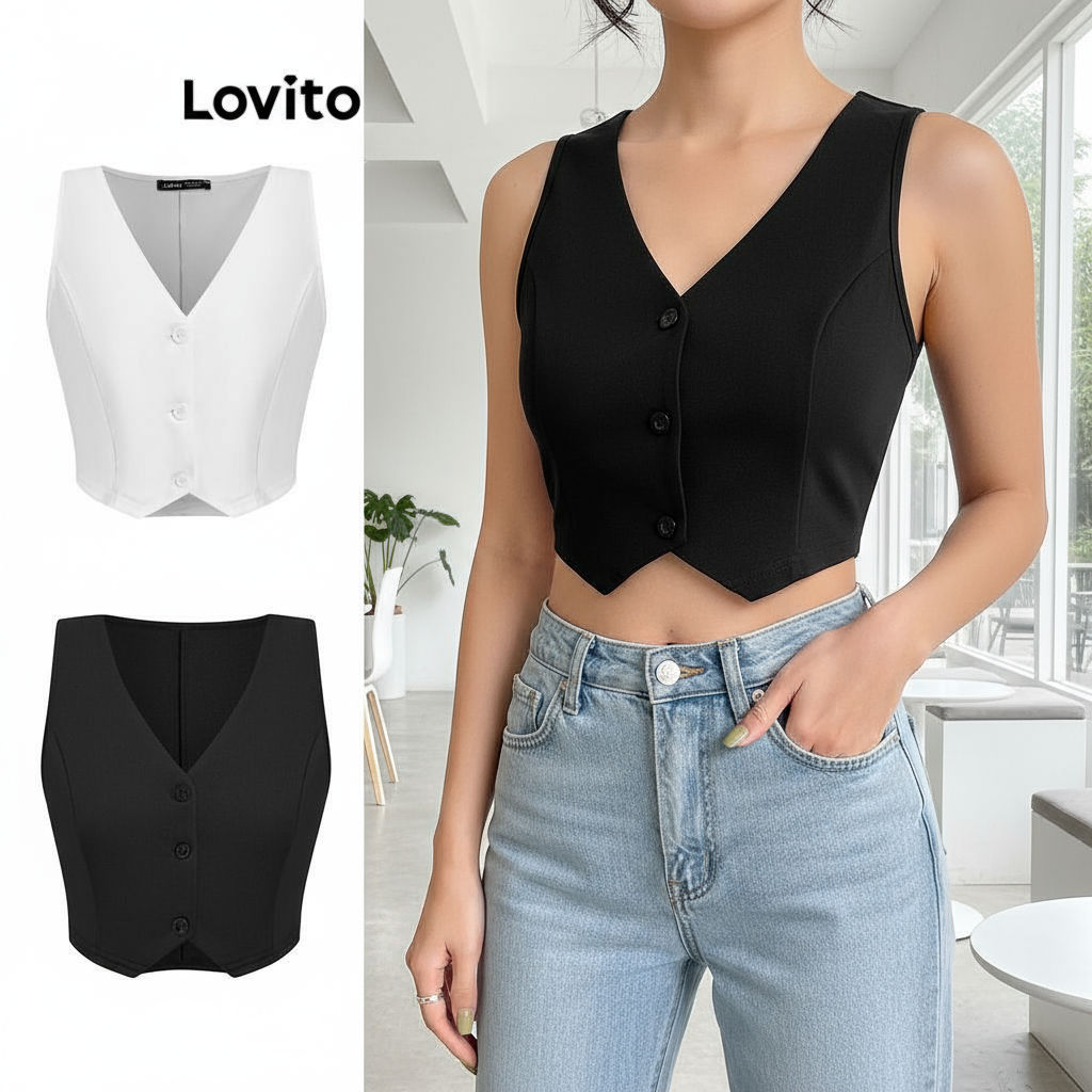Lovito Colete Feminino Curto com Botão Frontal L71ED045 em Oferta na Shopee
