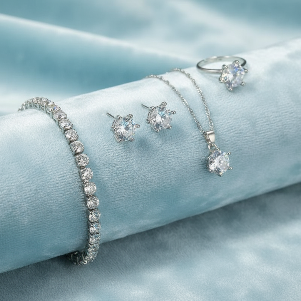  Conjunto de Acessórios de Pérola Atemporal para Mulheres: Colar, Brincos, Pulseira, Anel 4 Peças (Prata)