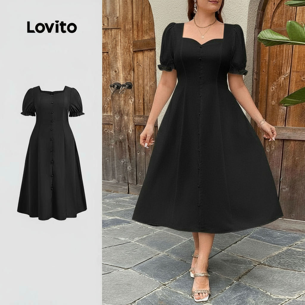 Lovito Vestido Plus Size elegante com estrutura lisa e botão frontal com mangas bufantes para mulheres LBL22653\6 em Oferta na Shopee