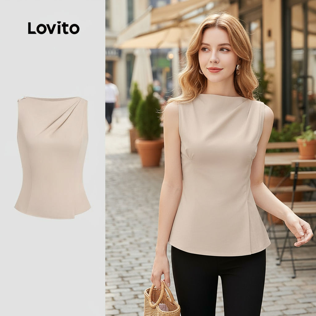 Lovito Blusa Elegante com Botão Superior Franzida Leve e Respirável Primavera/verão Toranja L137ED230\6 em Oferta na Shopee