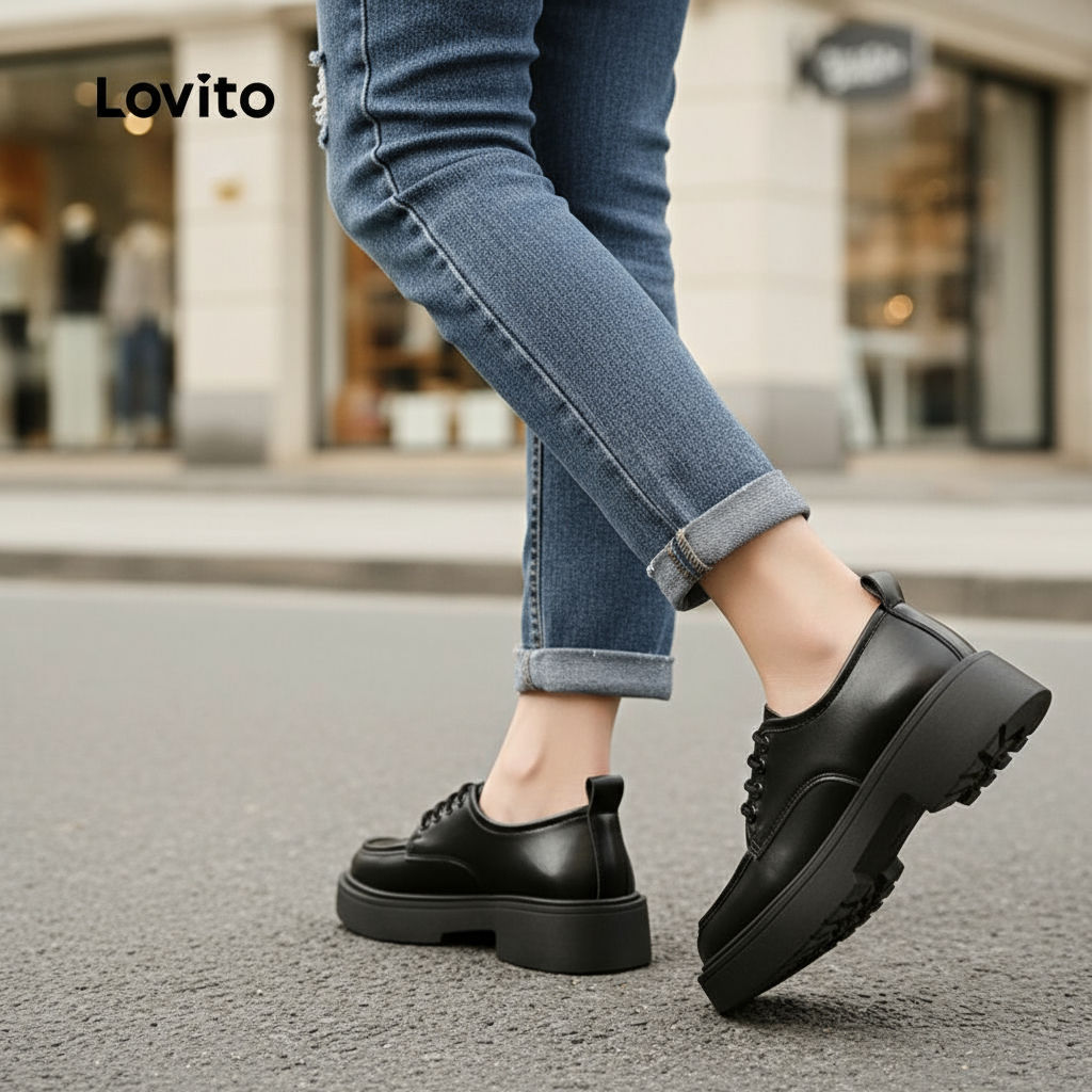 Lovito Retro Estilo Liso Couro Preto JK Sapatos de Barco para Mulheres LFA76314 em Oferta na Shopee