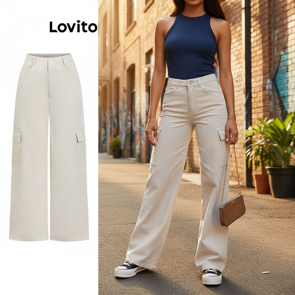trendy5-Lovito Calça Casual Com Bolso Liso E Zíper Para Mulheres L104ED018 em Oferta na Shopee