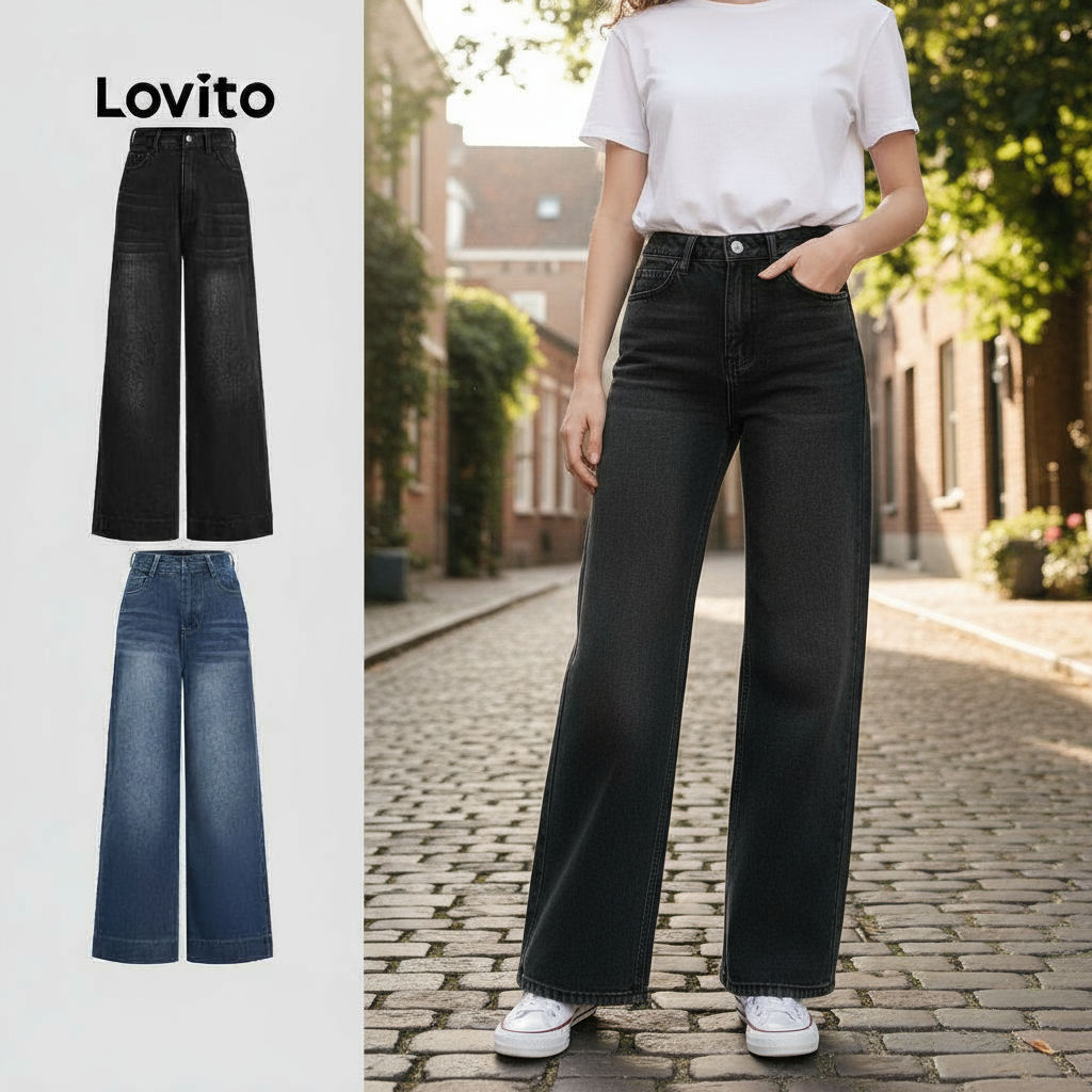 Lovito Jeans Feminino Casual Bolso Liso Cat's Whiskers Calça Para Todas As Estações L102AD460 em Oferta na Shopee