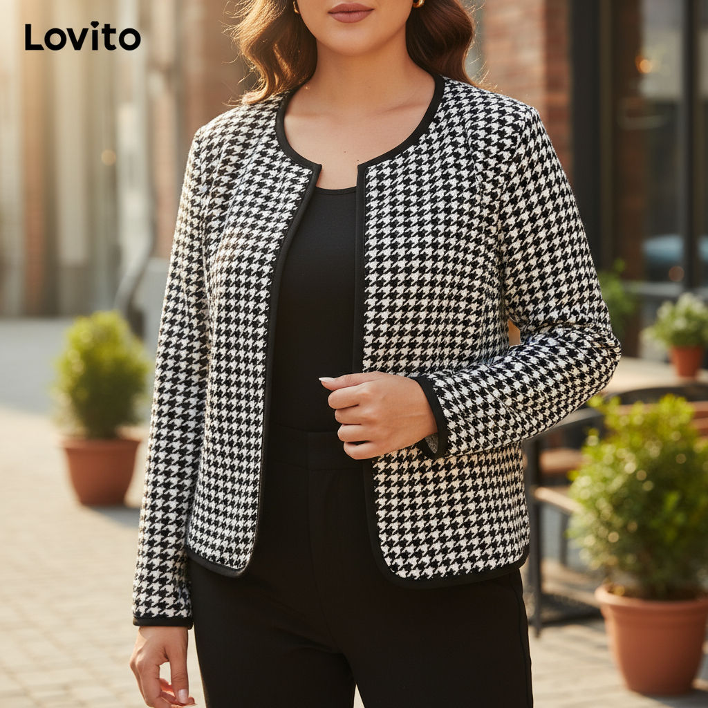 Lovito Jaqueta Feminina Plus Size Curva Casual Estampa Houndstooth Estilo Chanel LBL10084