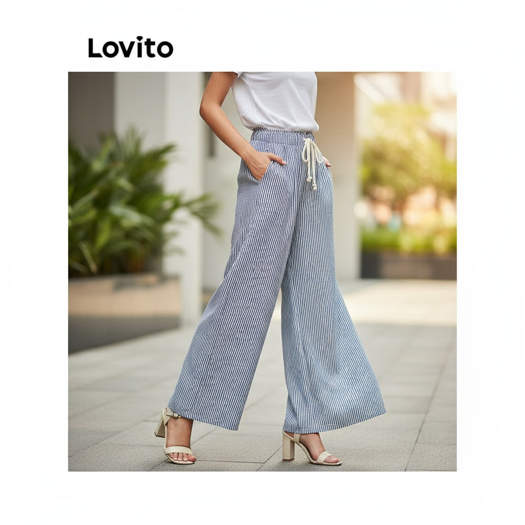 (Trendy2) Lovito Calça Casual Listrada Com Cordão E Tecido Texturizado Para Mulheres L93AD016 (Multicolorido) em Oferta na Shopee