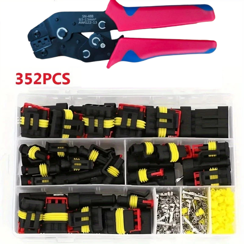 Um Conjunto De Kit De Conector HID De Conexão Rápida Automotiva , 352 Peças Com Alicate De Friso SN-48B 1/2/3/4 Pinos Pl