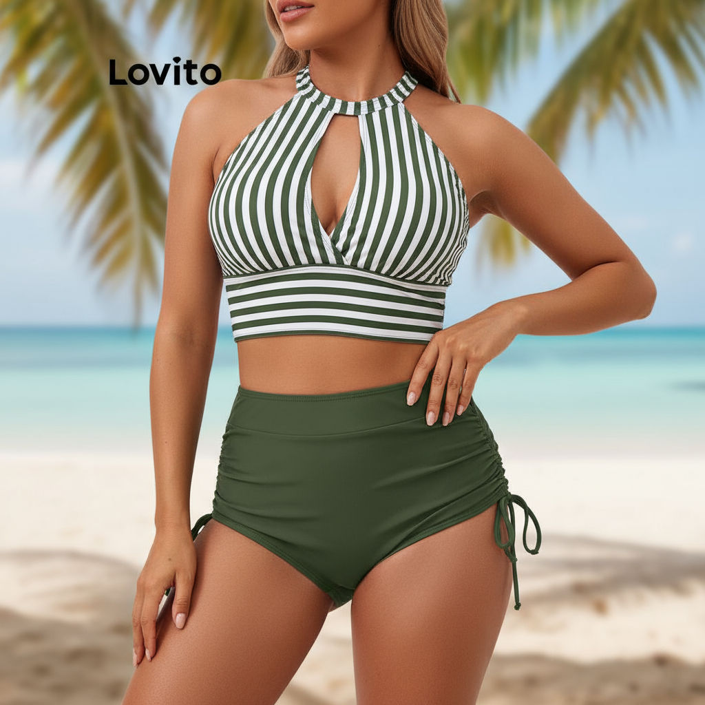 (Trendy2) Lovito Conjuntos De Biquíni Casuais Listrados Com Corte Frontal E Gravata Para Mulheres LNL73194 em Oferta na Shopee