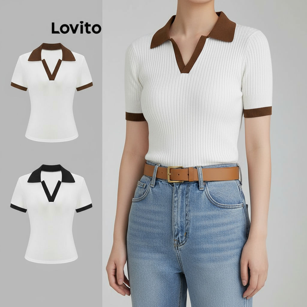 Lovito Casual Camiseta Feminina em Tecido Texturizado com Gola Contrastante e Patchwork L121AD1107 em Oferta na Shopee