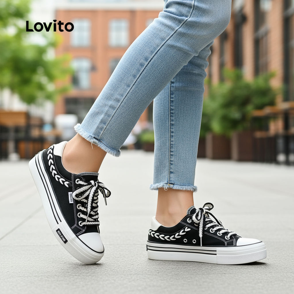 Lovito Tênis feminino de lona grossa, cadarço liso, respirável, solado macio, design bicolor, LFA49131 em Oferta na Shopee