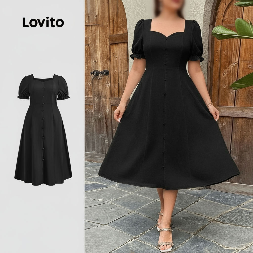 Lovito Vestido feminino Plus Size sofisticado, manga bufante, botões frontais e corte reto LBL22653 em Oferta na Shopee