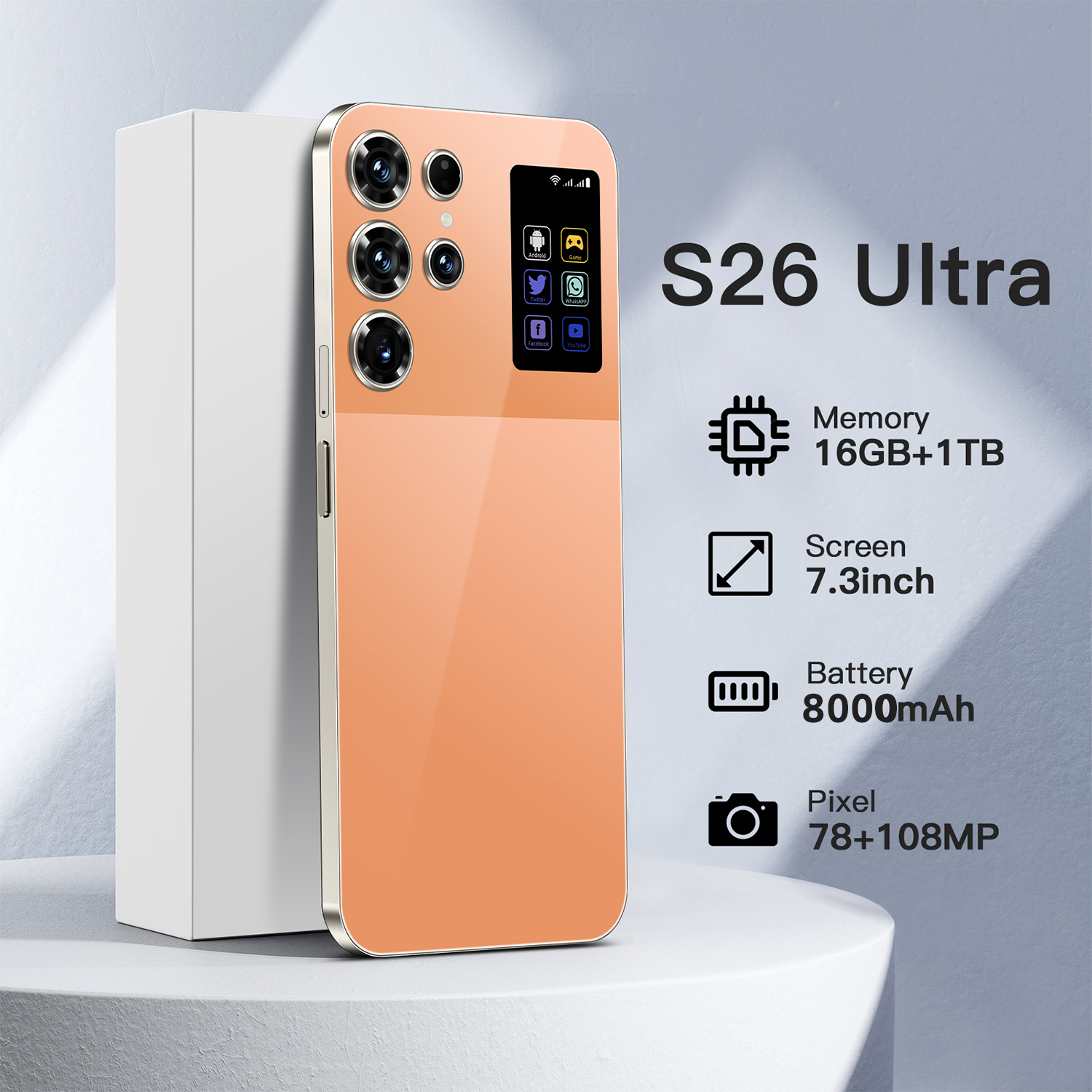 Smartphone S26 Ultra 5G quente, celular desbloqueado original, 7,3 polegadas, Android para jogos, dual SIM