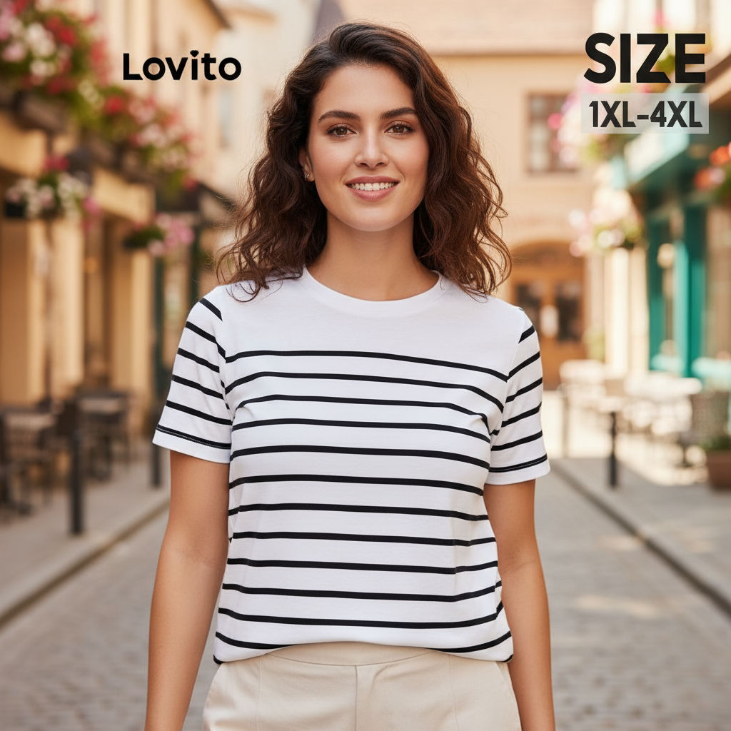 Lovito Camisa Casual Plus Size Curva Com Estampa Listrada Camiseta Verão/primavera Para Mulheres LBL20219\2 em Oferta na Shopee