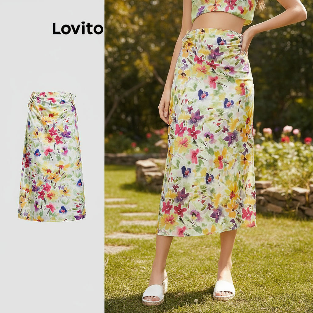 Lovito Saias Femininas Casuais Florais com Cordão L112ED381 em Oferta na Shopee