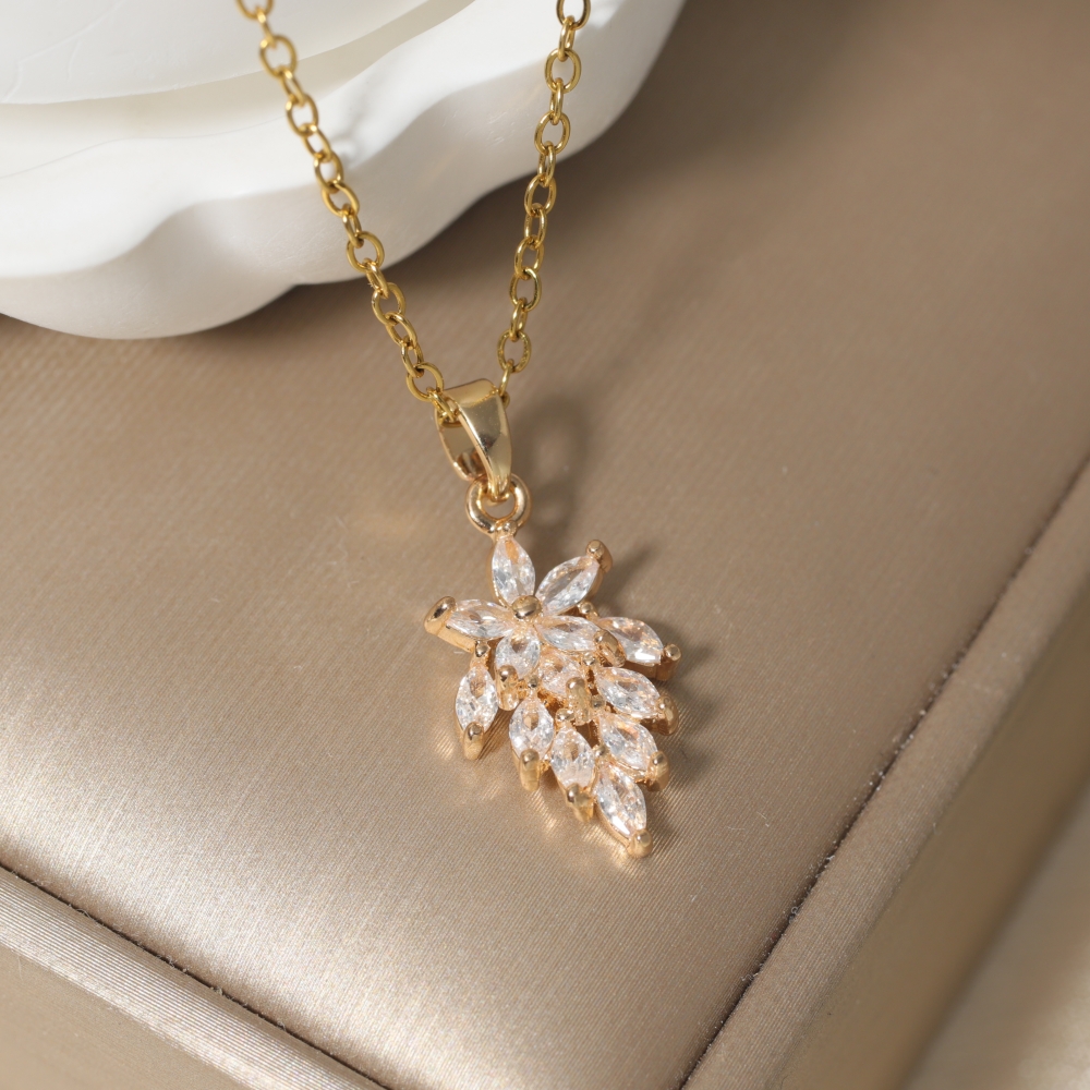 Colar Feminino de Aço Inoxidável com Pingente de Flor de Zircônia Sintética, Corrente O, Joias para Festa, Diárias e