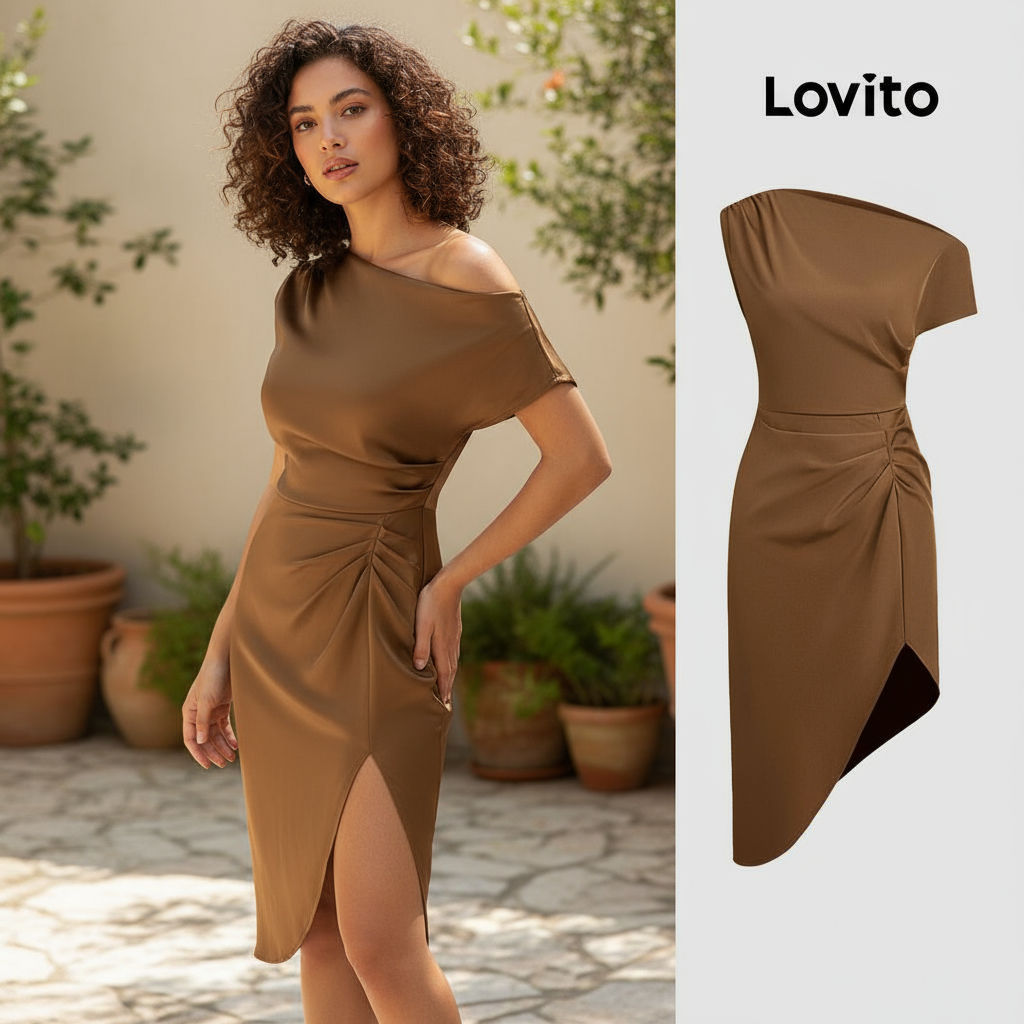Lovito Vestido Glamouroso Plissado com Zíper Marrom para Mulheres L155AD343\2 em Oferta na Shopee
