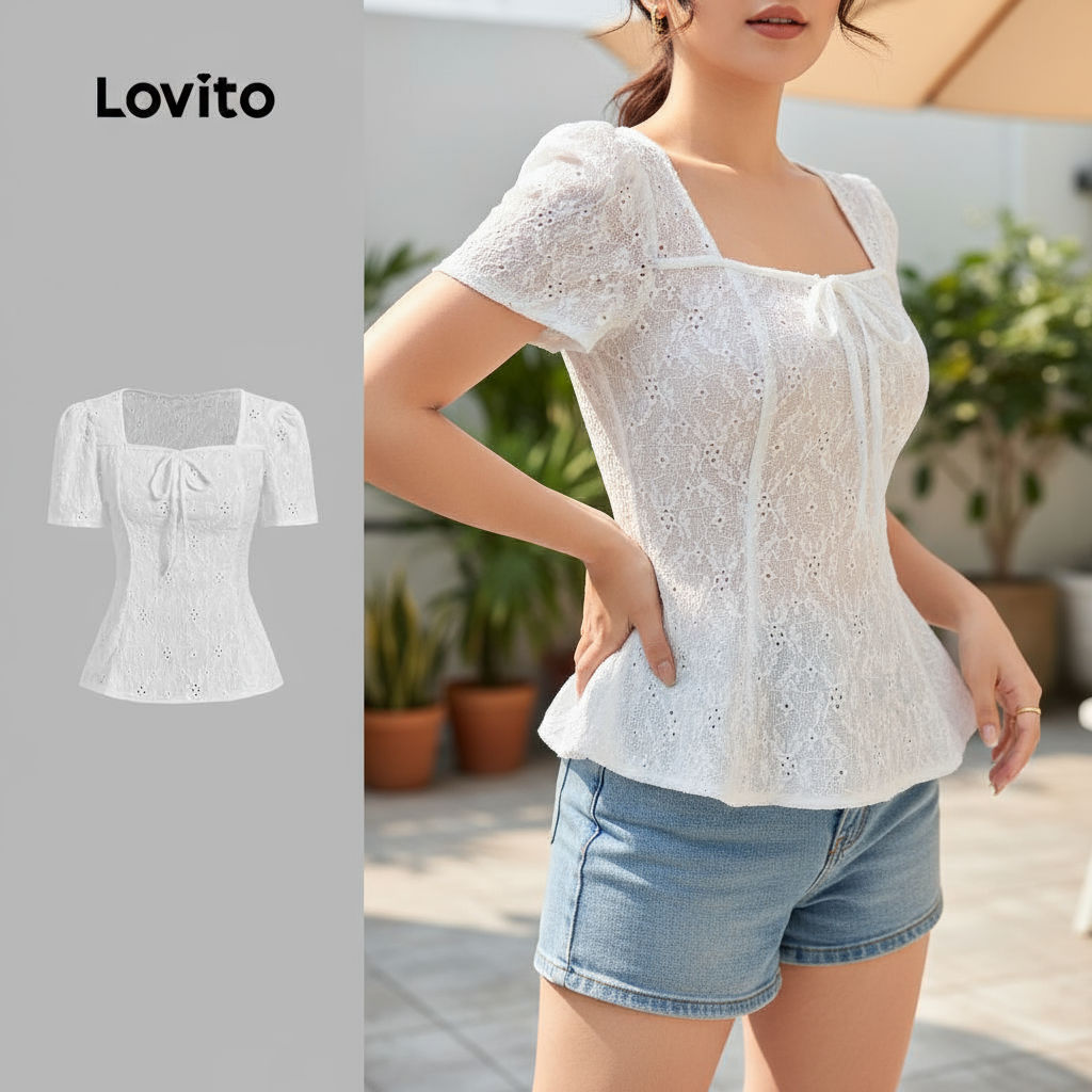 (Trendy2) Lovito Camiseta Elegante de Jacquard com Laço Na Frente para Primavera/verão Off White para Mulheres L138ED075 em Oferta na Shopee