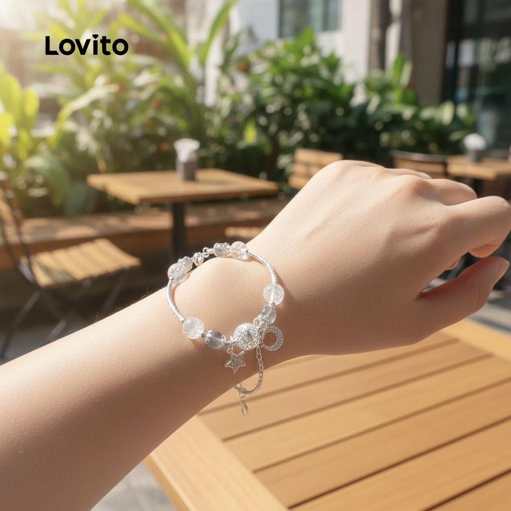 Lovito Pulseira Feminina Casual de Estrela Lisa com Strass LFA06110 (Prata) em Oferta na Shopee